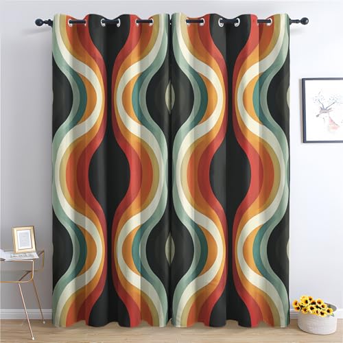 THYUNQ Vorhänge Retro 70er Motiv, Vorhang Blickdicht Verdunklungsvorhänge Thermovorhang mit Ösen, Gardinen Wohnzimmer Schlafzimmer Fenster, 2er Set Curtains, H 200 x B 140 cm von THYUNQ