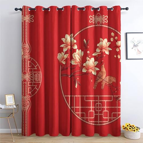 THYUNQ Vorhänge Rote Chinesische Blumen Motiv, Vorhang Blickdicht Verdunklungsvorhänge mit Ösen - Gardinen Wohnzimmer Schlafzimmer Fenster, 2er Set Curtains, H 200 x B 140 cm von THYUNQ
