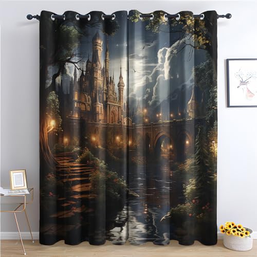 THYUNQ Vorhänge Schloss Motiv, Vorhang Blickdicht Verdunklungsvorhänge Thermovorhang mit Ösen, Gardinen Wohnzimmer Schlafzimmer Fenster, 2er Set Curtains, H 300 x B 140 cm von THYUNQ