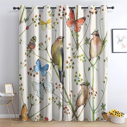 THYUNQ Vorhänge Schmetterling Vögel Blumen Motiv, Vorhang Blickdicht Verdunklungsvorhänge mit Ösen - Gardinen Wohnzimmer Schlafzimmer Fenster, 2er Set Curtains, H 220 x B 140 cm von THYUNQ