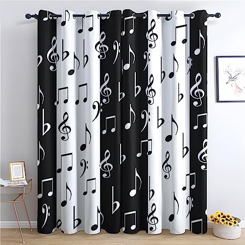 THYUNQ Vorhänge Schwarz Weiß Musik Motiv, Vorhang Blickdicht Verdunklungsvorhänge mit Ösen - Gardinen Wohnzimmer Schlafzimmer Fenster, 2er Set Curtains, H 220 x B 140 cm von THYUNQ