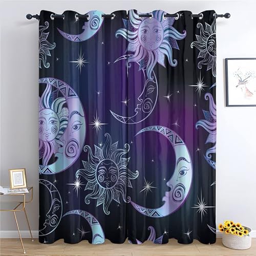 THYUNQ Vorhänge Sonne und Mond Motiv, Vorhang Blickdicht Verdunklungsvorhänge mit Ösen - Gardinen Wohnzimmer Schlafzimmer Fenster, 2er Set Curtains, H 300 x B 140 cm von THYUNQ