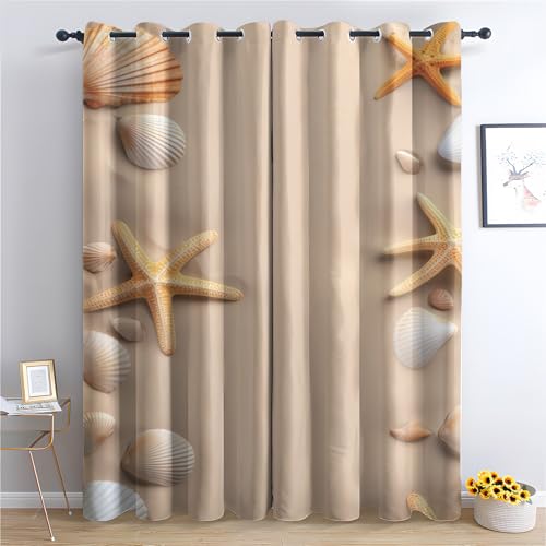THYUNQ Vorhänge Strand Motiv, Vorhang Blickdicht Verdunklungsvorhänge Thermovorhang mit Ösen, Gardinen Wohnzimmer Schlafzimmer Fenster, 2er Set Curtains, H 160 x B 140 cm von THYUNQ