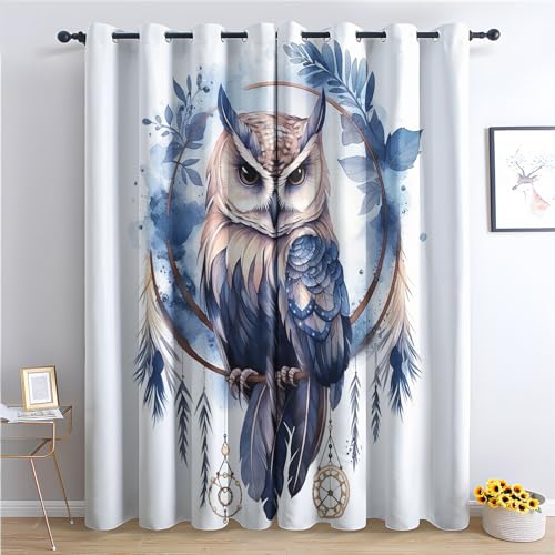THYUNQ Vorhänge Traumfänger Eule Motiv, Vorhang Blickdicht Verdunklungsvorhänge Thermovorhang mit Ösen, Gardinen Wohnzimmer Schlafzimmer Fenster, 2er Set Curtains, H 245 x B 140 cm von THYUNQ
