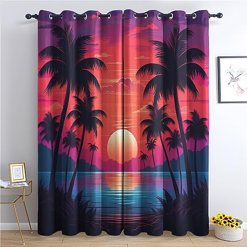 THYUNQ Vorhänge Tropical Sonnenuntergang Palmen - Vorhang Blickdicht Verdunklungsvorhänge Thermovorhang, Gardinen mit Ösen, Vorhänge Wohnzimmer Schlafzimmer Fenster 2er Set, H 220 x B 140 cm von THYUNQ