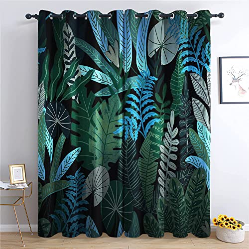 THYUNQ Vorhänge Tropische Blätter Motiv, Vorhang Blickdicht Verdunklungsvorhänge mit Ösen - Gardinen Wohnzimmer Schlafzimmer Fenster, 2er Set Curtains, H 160 x B 140 cm von THYUNQ