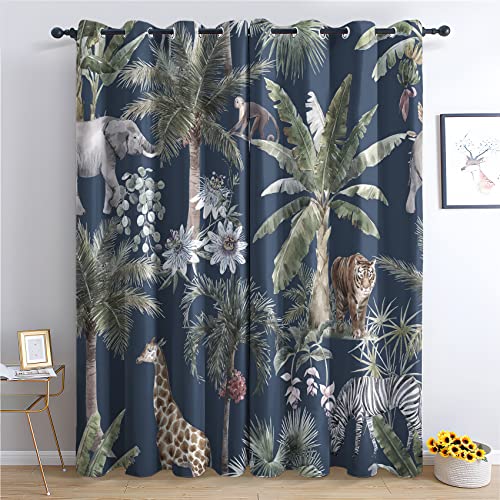 THYUNQ Vorhänge Tropische Dschungel Motiv, Vorhang Blickdicht Verdunklungsvorhänge mit Ösen - Gardinen Wohnzimmer Schlafzimmer Fenster, 2er Set Curtains, H 220 x B 140 cm von THYUNQ