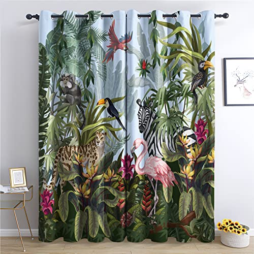 THYUNQ Vorhänge Tropischer Dschungel Motiv, Vorhang Blickdicht Verdunklungsvorhänge mit Ösen - Gardinen Wohnzimmer Schlafzimmer Fenster, 2er Set Curtains, H 137 x B 117 cm von THYUNQ