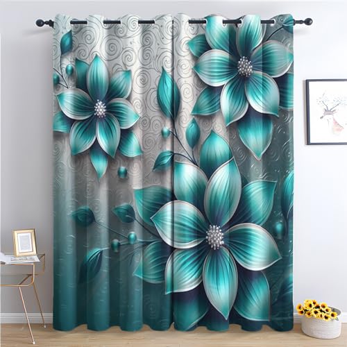 THYUNQ Vorhänge Türkis Blumen Motiv, Vorhang Blickdicht Verdunklungsvorhänge Thermovorhang mit Ösen, Gardinen Wohnzimmer Schlafzimmer Fenster, 2er Set Curtains, H 245 x B 140 cm von THYUNQ