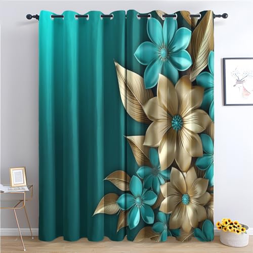 THYUNQ Vorhänge Türkis Gold Blumen Motiv, Vorhang Blickdicht Verdunklungsvorhänge Thermovorhang mit Ösen, Gardinen Wohnzimmer Schlafzimmer Fenster, 2er Set Curtains, H 160 x B 140 cm von THYUNQ