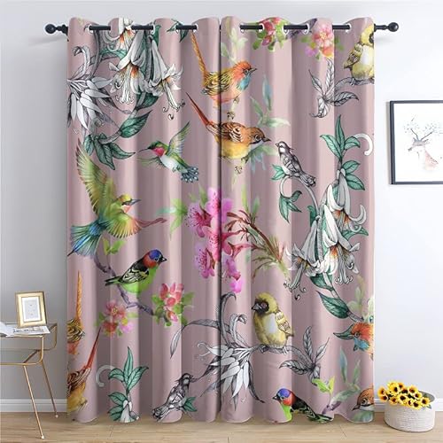 THYUNQ Vorhänge Vögel Blumen Motiv, Vorhang Blickdicht Verdunklungsvorhänge mit Ösen - Gardinen Wohnzimmer Schlafzimmer Fenster, 2er Set Curtains, H 166 x B 75 cm von THYUNQ