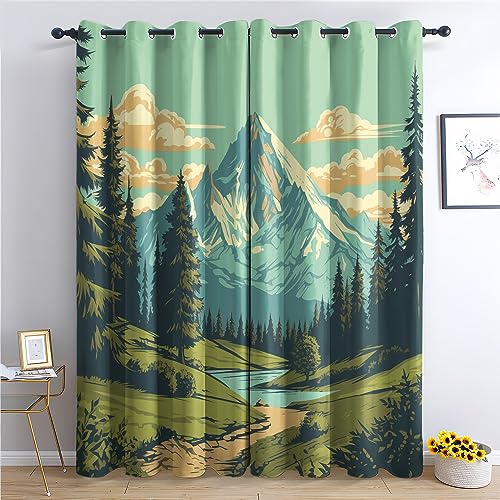 THYUNQ Vorhänge Wald Berge Motiv, Vorhang Blickdicht Verdunklungsvorhänge Thermovorhang mit Ösen, Gardinen Wohnzimmer Schlafzimmer Fenster, 2er Set Curtains, H 220 x B 140 cm von THYUNQ