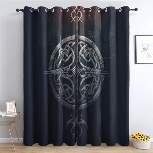 THYUNQ Vorhänge Wikinger Motiv, Vorhang Blickdicht Verdunklungsvorhänge Thermovorhang mit Ösen, Gardinen Wohnzimmer Schlafzimmer Fenster, 2er Set Curtains, H 200 x B 140 cm von THYUNQ