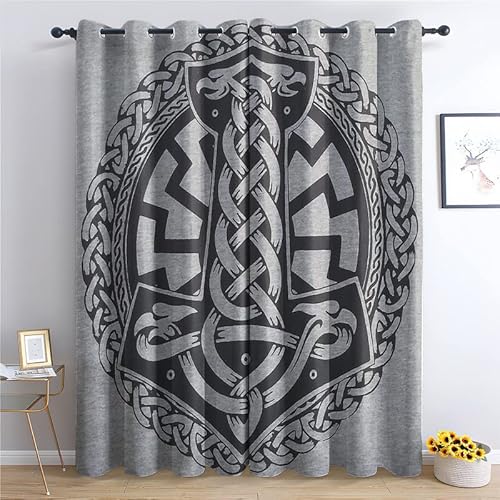 THYUNQ Vorhänge Wikinger Motiv, Vorhang Blickdicht Verdunklungsvorhänge mit Ösen - Gardinen Wohnzimmer Schlafzimmer Fenster, 2er Set Curtains, H 166 x B 75 cm von THYUNQ