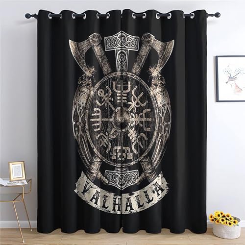 THYUNQ Vorhänge Wikinger Motiv, Vorhang Blickdicht Verdunklungsvorhänge mit Ösen - Gardinen Wohnzimmer Schlafzimmer Fenster, 2er Set Curtains, H 220 x B 140 cm von THYUNQ