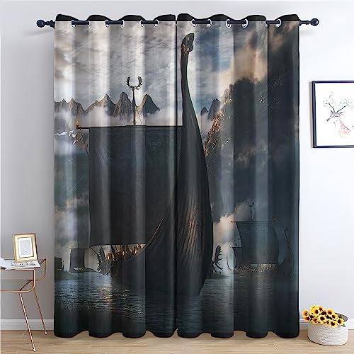 THYUNQ Vorhänge Wikinger Motiv, Vorhang Blickdicht Verdunklungsvorhänge mit Ösen - Gardinen Wohnzimmer Schlafzimmer Fenster, 2er Set Curtains, H 245 x B 140 cm von THYUNQ