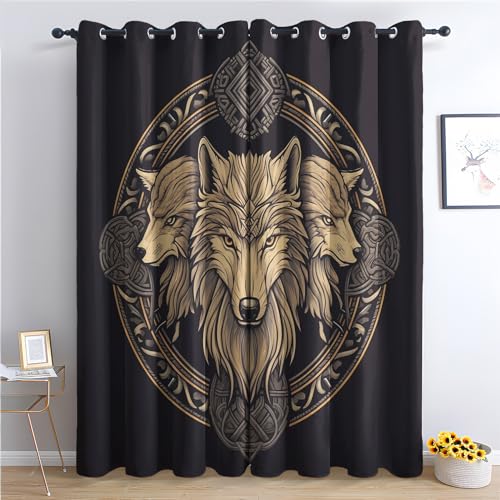 THYUNQ Vorhänge Wikinger Wolf Motiv, Vorhang Blickdicht Verdunklungsvorhänge Thermovorhang mit Ösen, Gardinen Wohnzimmer Schlafzimmer Fenster, 2er Set Curtains, H 160 x B 140 cm von THYUNQ