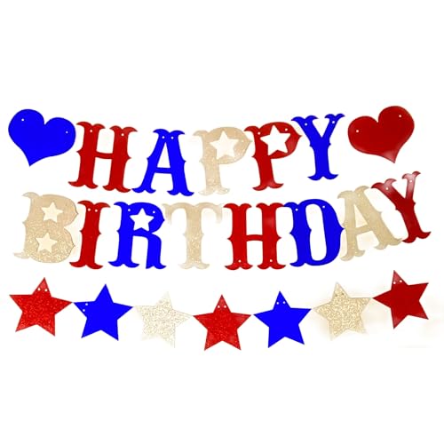 Rot Blau Weiß Happy Birthday Banner Glitzer Amerikanische Sterne Hängende Banner für 4. Juli Gedenktag Party Dekoration von TIAMECH