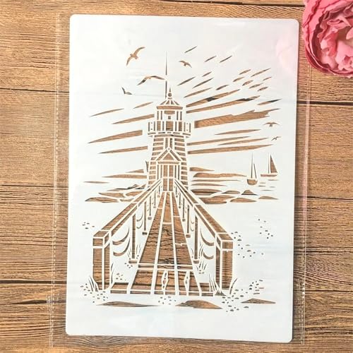 TIAMECH Wiederverwendbare Küsten-Leuchtturm-Schablone zum Malen, Strand-, Meer-Boardwalk-Schablone, DIY-Wandkunst, Holzmöbel, Scrapbook und Handwerk (21,1 x 29,7 cm) von TIAMECH