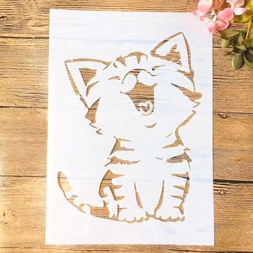 TIAMECH Wiederverwendbare Schablone für kleine Katze, A4, niedliches Miau-Kätzchen, Schichtvorlage, DIY-Wandkunst, Holzmöbel, Scrapbook und Handwerk (21,1 x 29,7 cm) von TIAMECH