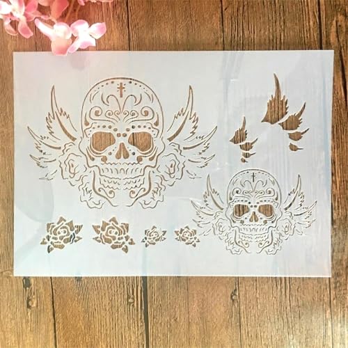 TIAMECH Wiederverwendbare Schablone mit fliegenden Schädelflügeln zum Malen, Halloween-Geister-Schichtschablone, DIY-Wandkunst, Holzmöbel, Scrapbook und Handwerk (21,1 x 29,7 cm) von TIAMECH