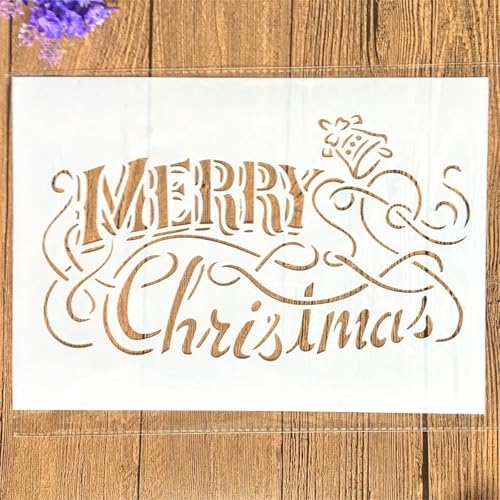 TIAMECH Wiederverwendbare Schablone zum Malen, Motiv: Winterurlaubswörter und Glöckchen, Schablone, DIY-Wandkunst, Holzmöbel, Scrapbook und Handwerk, A4, 21,1 x 29,7 cm von TIAMECH
