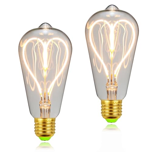 TIANFAN 2er-Pack Edison-LED-Glühbirne ST64 Vintage Heart LED-Glühlampe 220–240 V 4 W dimmbar 2000 Kelvin 25 W gleichmäßig gelbe warme dekorative E27-Glühbirnen (Transparent) von TIANFAN