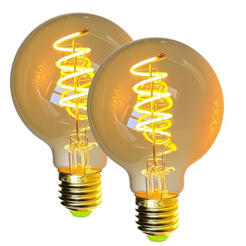 TIANFAN G80 Edison LED Lampe 2er-Set, 4W (25W Eq), 2000K Warmlicht, Dimmbar, E27 Sockel, Spiral-Filament, Bernstein Glas, 220V von TIANFAN