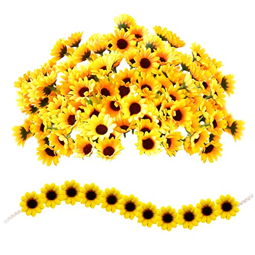 100 künstliche Sonnenblumenblütenköpfe, mit 1 geflochtenem Sonnenblumenhaarband, 4 cm künstliche Blumenköpfe, Partydekorationsblumen, Mini-Seidentuch-Blumen, geeignet für Hochzeiten und Büros von TIANNAIT