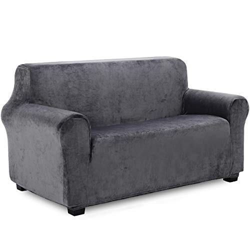 TIANSHU Samt Sesselbezug 2 sitzer,Soft Velvet Plush Couchbezug stilvolle Luxus-Möbelbezüge Anti-Rutsch-High Stretch Sesselbezug(2 Sitzer,Grau) von TIANSHU