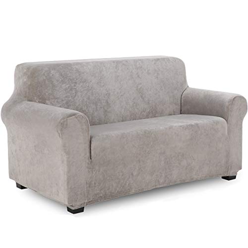 TIANSHU Samt Sesselbezug 2 sitzer,Soft Velvet Plush Couchbezug stilvolle Luxus-Möbelbezüge Anti-Rutsch-High Stretch Sesselbezug(2 Sitzer,Hellgrau) von TIANSHU