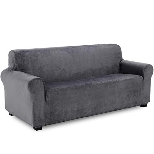 TIANSHU Samt Sesselbezug 3 sitzer,Soft Velvet Plush Couchbezug stilvolle Luxus-Möbelbezüge Anti-Rutsch-High Stretch Sesselbezug(3 Sitzer,Grau) von TIANSHU