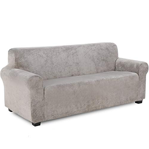 TIANSHU Samt Sesselbezug 3 sitzer,Soft Velvet Plush Couchbezug stilvolle Luxus-Möbelbezüge Anti-Rutsch-High Stretch Sesselbezug(3 Sitzer,Hellgrau) von TIANSHU