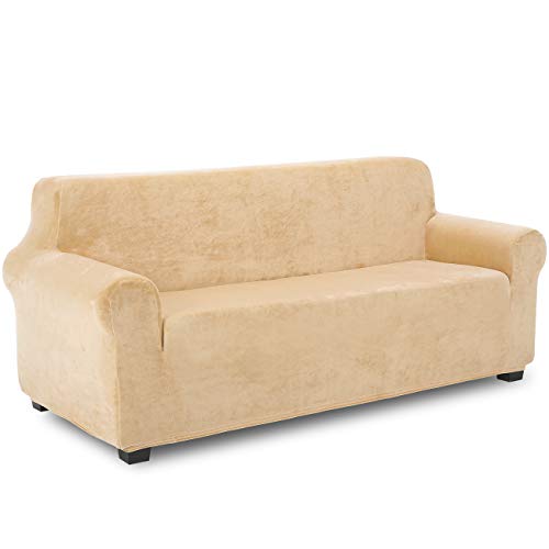 TIANSHU Samt Sesselbezug 3 sitzer,Soft Velvet Plush Couchbezug stilvolle Luxus-Möbelbezüge Anti-Rutsch-High Stretch Sesselbezug(3 Sitzer,Warmer Sand) von TIANSHU