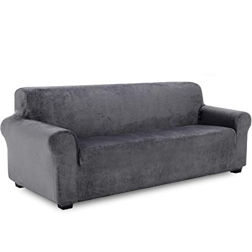 TIANSHU Samt Sesselbezug 4 sitzer,Soft Velvet Plush Couchbezug stilvolle Luxus-Möbelbezüge Anti-Rutsch-High Stretch Sesselbezug(4 Sitzer,Grau) von TIANSHU