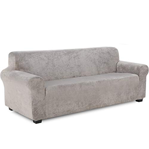 TIANSHU Samt Sesselbezug 4 sitzer,Soft Velvet Plush Couchbezug stilvolle Luxus-Möbelbezüge Anti-Rutsch-High Stretch Sesselbezug(4 Sitzer,Hellgrau) von TIANSHU