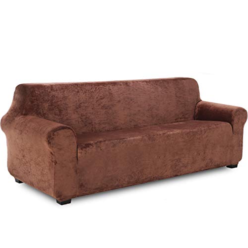 TIANSHU Samt Sesselbezug 4 sitzer,Soft Velvet Plush Couchbezug stilvolle Luxus-Möbelbezüge Anti-Rutsch-High Stretch Sesselbezug(4 Sitzer,Kaffee) von TIANSHU