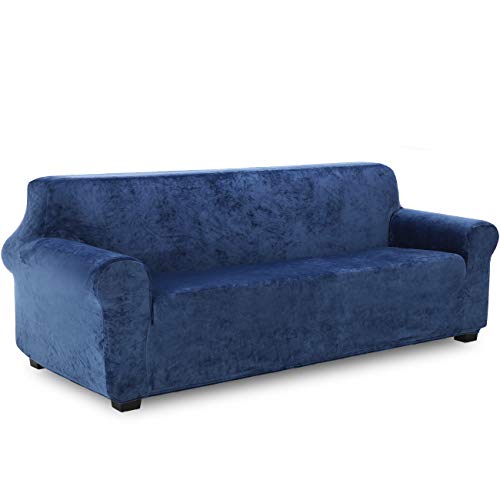 TIANSHU Samt Sesselbezug 4 sitzer,Soft Velvet Plush Couchbezug stilvolle Luxus-Möbelbezüge Anti-Rutsch-High Stretch Sesselbezug(4 Sitzer,Navy blau) von TIANSHU