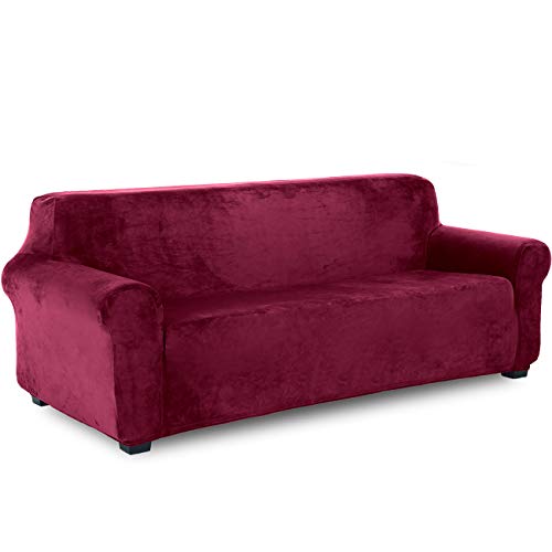 TIANSHU Samt Sesselbezug 4 sitzer,Soft Velvet Plush Couchbezug stilvolle Luxus-Möbelbezüge Anti-Rutsch-High Stretch Sesselbezug(4 Sitzer,Weinrot) von TIANSHU