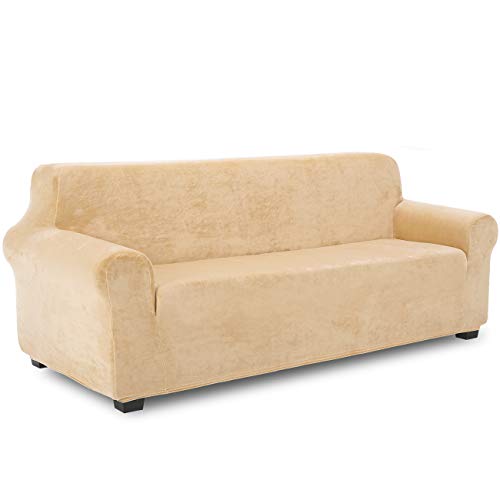 TIANSHU Samt Sesselbezug 4 sitzer,Soft Velvet Plush Couchbezug stilvolle Luxus-Möbelbezüge Anti-Rutsch-High Stretch Sesselbezug(4 Sitzer,Warmer Sand) von TIANSHU