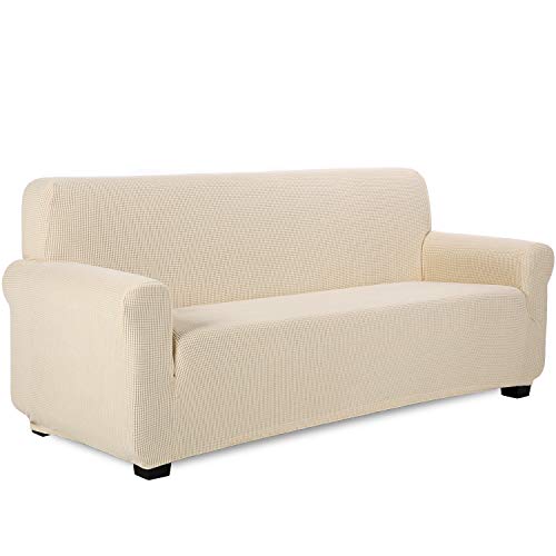 TIANSHU Sofabezug 3 sitzer, Stretch Spandex Couchbezug Sesselbezug Elastischer Antirutsch Stretchhusse Weich Stoff,Jacquard-Stretch-Sofabezug, Schonbezug für Sofa-Sofahalter(Beige) von TIANSHU