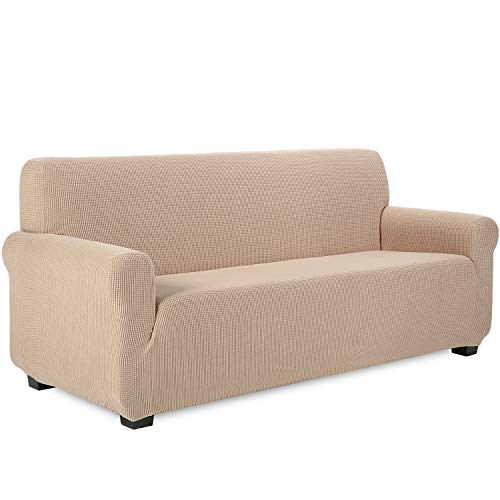 TIANSHU Sofabezug 3 sitzer, Stretch Spandex Couchbezug Sesselbezug Elastischer Antirutsch Stretchhusse Weich Stoff,Jacquard-Stretch-Sofabezug, Schonbezug für Sofa-Sofahalter(Sand) von TIANSHU