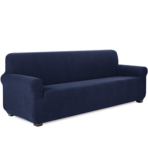 TIANSHU Sofabezug 4 sitzer, Stretch Spandex Couchbezug Sesselbezug Elastischer Antirutsch Stretchhusse Weich Stoff,Jacquard-Stretch-Sofabezug, Schonbezug für Sofa-Sofahalter(Dunkelblau) von TIANSHU