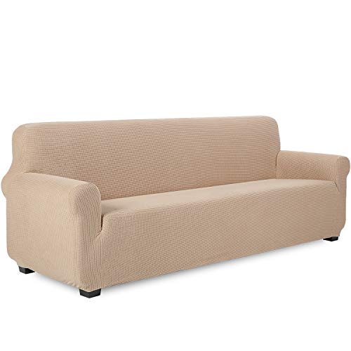 TIANSHU Sofabezug 4 sitzer, Stretch Spandex Couchbezug Sesselbezug Elastischer Antirutsch Stretchhusse Weich Stoff,Jacquard-Stretch-Sofabezug, Schonbezug für Sofa-Sofahalter(Sand) von TIANSHU