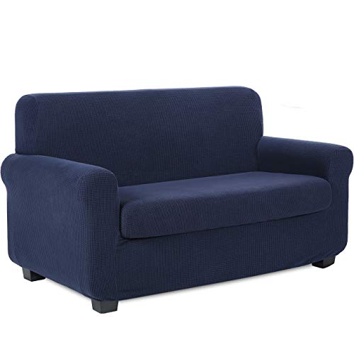 TIANSHU Sofaüberwürfe,Spandex Sesselbezüge Enthält 1 Sofabezug und 1 Sitzkissenbezug Stretch Couchbezug Elastischer Antirutsch Weich Jacquard Stoff sesselbezug Schonbezug(2 Sitzer,Dunkelblau) von TIANSHU