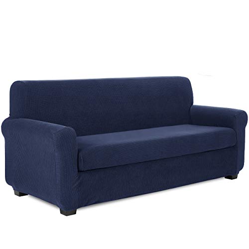 TIANSHU Sofaüberwürfe,Spandex Sesselbezüge Enthält 1 Sofabezug und 1 Sitzkissenbezug Stretch Couchbezug Elastischer Antirutsch Weich Jacquard Stoff sesselbezug Schonbezug(3 Sitzer,Dunkelblau) von TIANSHU