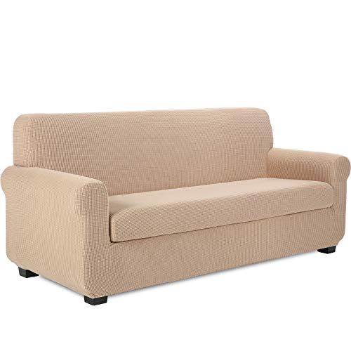 TIANSHU Sofaüberwürfe,Spandex Sesselbezüge Enthält 1 Sofabezug und 1 Sitzkissenbezug Stretch Couchbezug Elastischer Antirutsch Weich Jacquard Stoff sesselbezug Schonbezug(3 Sitzer,Sand) von TIANSHU