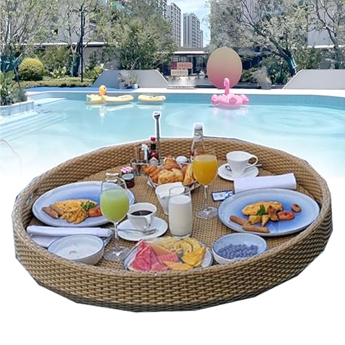 TIANTOO Schwimmendes Pooltablett Aus Rattan (60/80 cm), Manuelles Weben + Stabile Struktur, Mit Griffen + Leicht Zu Bewegen, Zum Servieren Von Getränken Und Brunch-Essen Auf Dem Wasser,80 cm,Apricot von TIANTOO