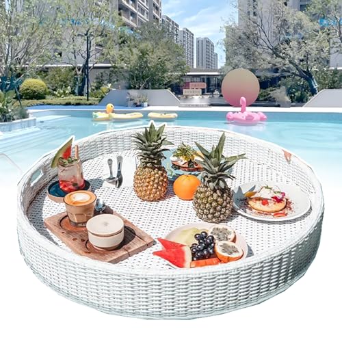TIANTOO Schwimmendes Pooltablett Aus Rattan (60/80 cm), Manuelles Weben + Stabile Struktur, Mit Griffen + Leicht Zu Bewegen, Zum Servieren Von Getränken Und Brunch-Essen Auf Dem Wasser,80 cm,White von TIANTOO