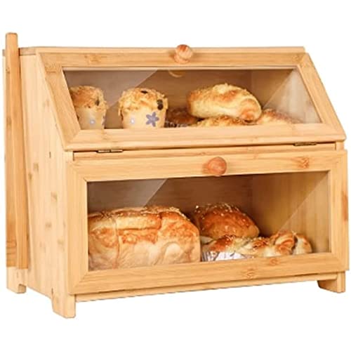 TIANYIA Brotkästen Doppellagiger Brotkasten, Brotkasten aus Holz für die Küchenarbeitsplatte, Brothalter mit großem Fassungsvermögen und Glasfenstern Frisch halten von TIANYIA